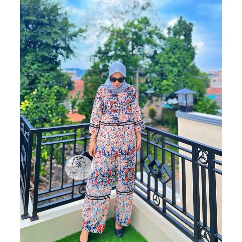 Set Ardisa Fashion-Zhira Rayon Motif Busui Friendly Lengan 3/4 Adem Mewah untuk Wanita - Baju, Celana Muslim Nyaman