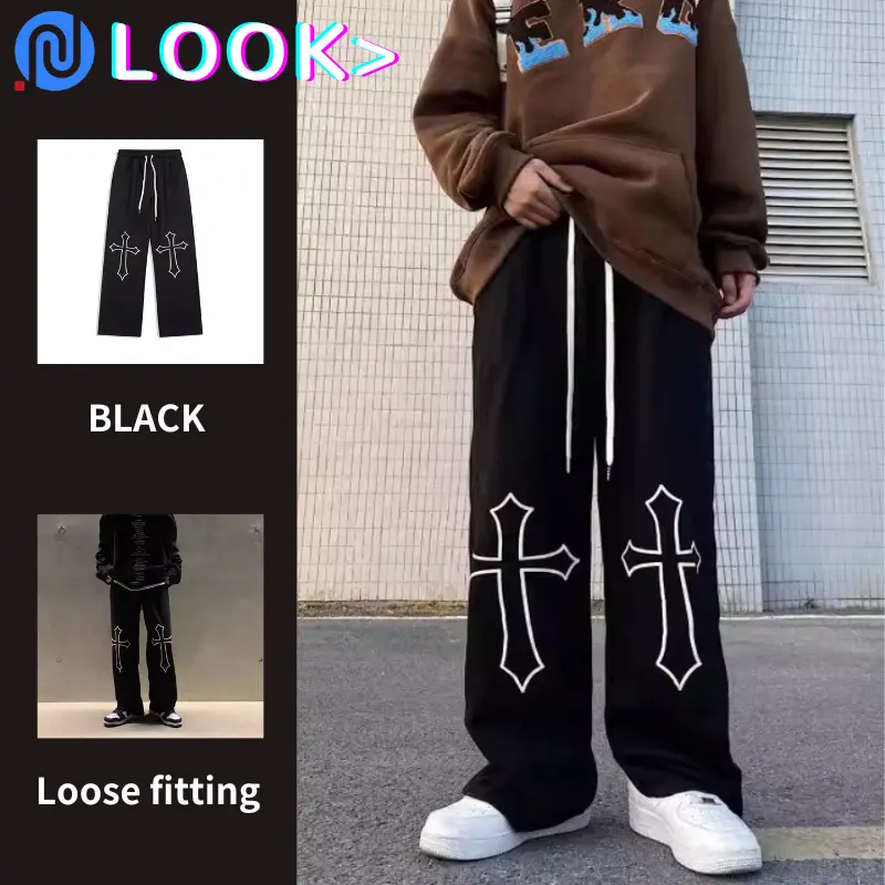 Men's pants/straight tube loose fitting men's pants/cross printed casual pants Clothing Menswear