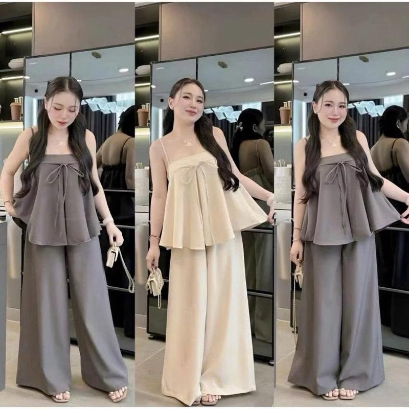 Bèo Béo Bigsize Set Bộ Kiểu Áo Babydoll 2 Dây Đính Nơ Kèm Quần Suông Ống Rộng Form Bigsize 60-90Kg
