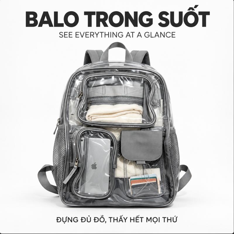 Ba lô trong suốt phong cách ins, chống nước chống bắn nước, ba lô nhiều ngăn cho đi làm và du lịch thong minh quanao tuidung