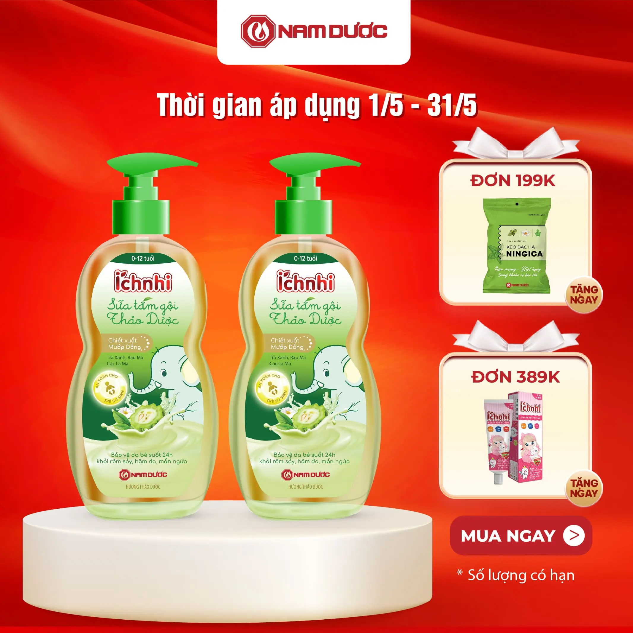 [Combo 2 chai] Sữa tắm gội thảo dược Ích Nhi cho bé từ 0-12 tuổi giúp hỗ trợ phòng cảm lạnh, ngừa rôm sẩy, mẩn ngứa, dưỡng da mềm mịn cho bé