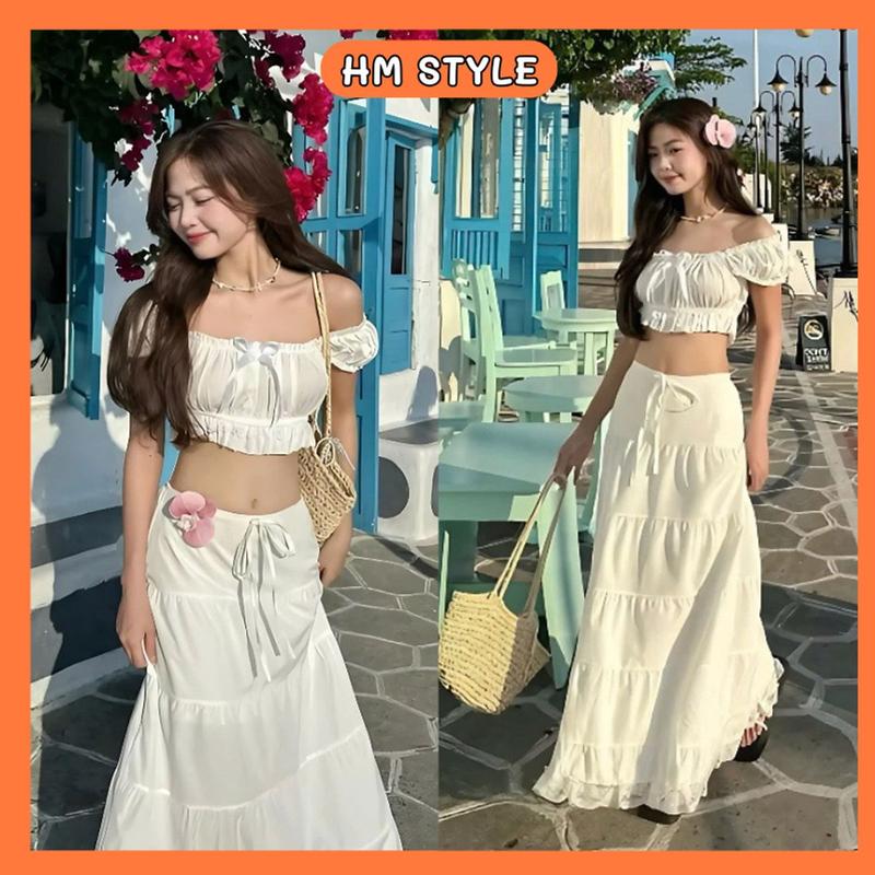 Set váy đi biển áo croptop trễ vai đính nơ mix Chân váy xoè tầng viền ren HB263