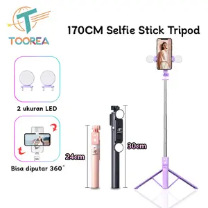 TOOREA Tongsis Tripod Selfie Stick Besar Bluetooth 7 Tombol Bluetooth Selfie Stick Remote with LED Besar Rotate Tripod HP Holder Tripod Portable