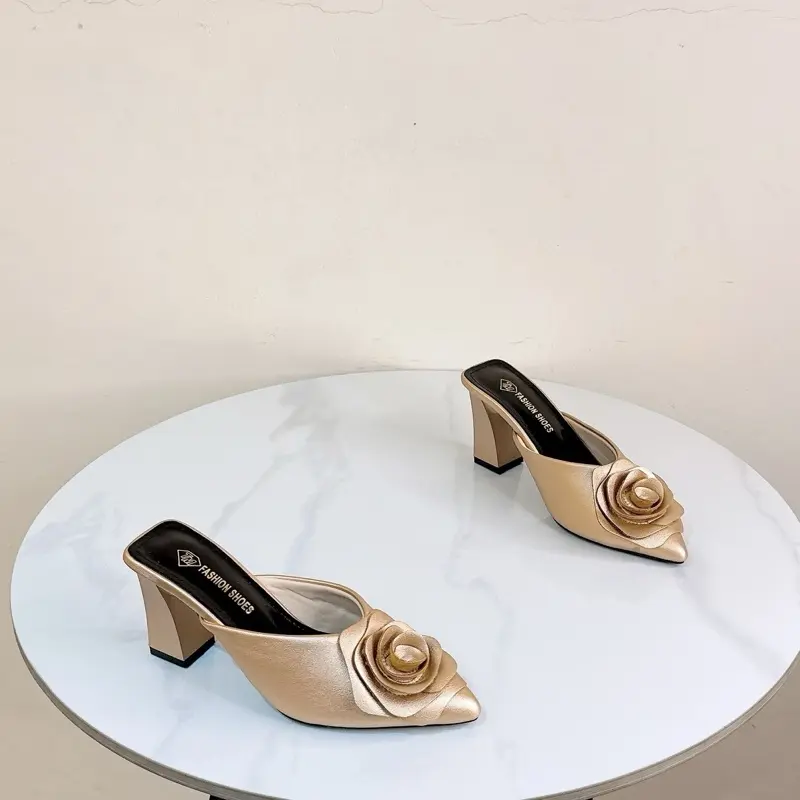 Giày Dép Trà My - Sục Bông Hồng Gót Vuông -Cao 7Cm&3cm  -Phong Cách Hiện Đại, Sang Trọng Nữ Shoes 1