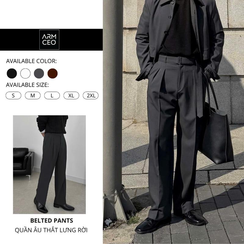 ARMCEO Quần âu ống suông rộng tôn dáng kèm dây lưng cách điệu, chất liệu chéo nhật thoáng mát- AD05