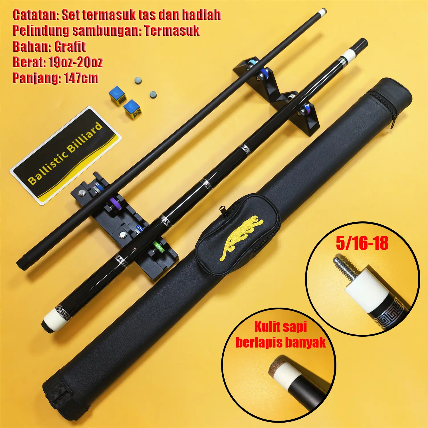 Stik Biliar Profesional 1/2 Potong Grafit Anti Lentur Cue Stick Billiard Dilengkapi Tip Chalk Joint Protector Ukuran 12.5mm Full Set untuk Permainan Pool Snooker low deflection