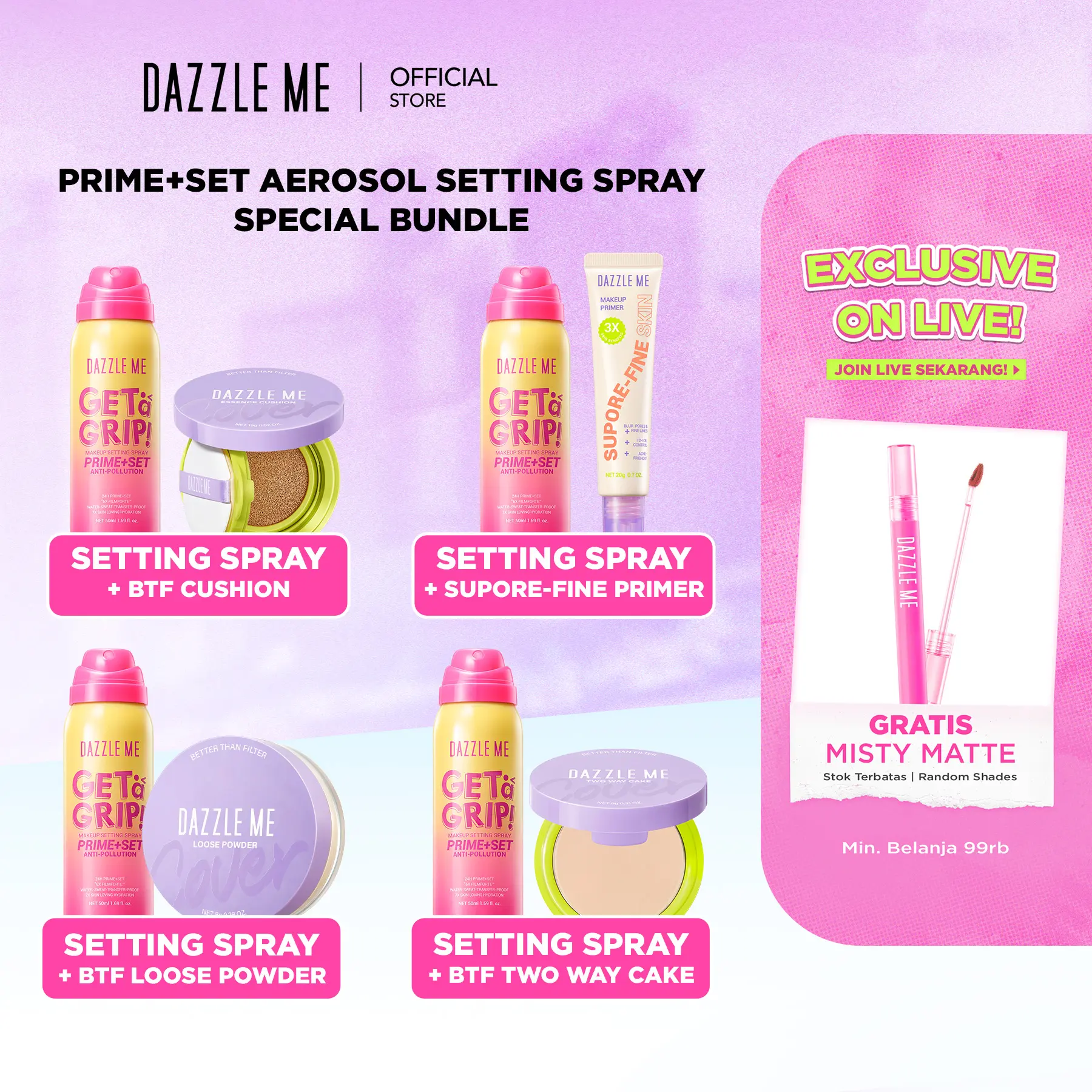 [NEW LAUNCH BUNDLE] DAZZLE ME Get a Grip! Prime+Set Special Bundle Anti-Pollution Makeup Setting Spray Aerosol And Better Than Filter Complexion Cushion Two Way Cake Loose PowderWaterproof Sweatproof Transferproof 6X Tahan Lama Long-lasting