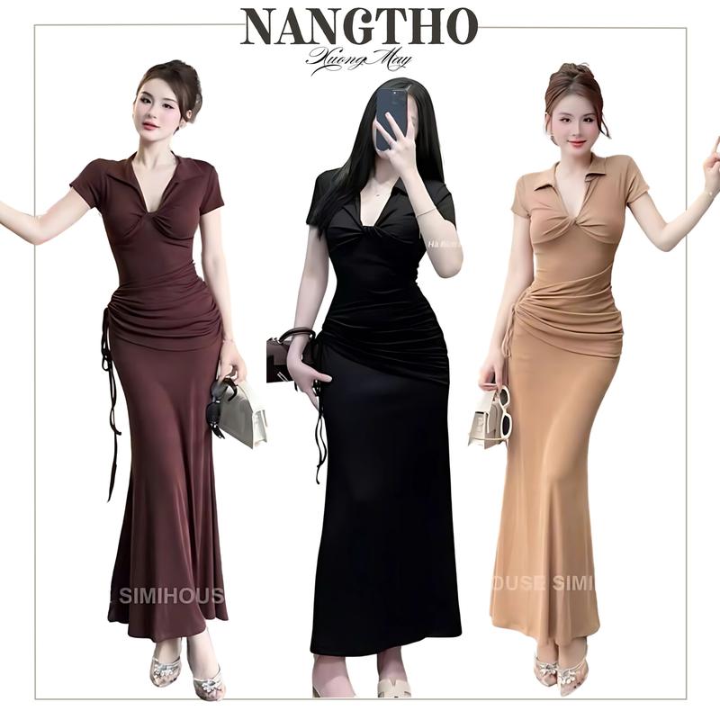 344 Đầm Thắt Eo Che Khuyết Điểm Dáng Dài Xoắn Ngực Thun Gân Co Giãn dam dicuoi