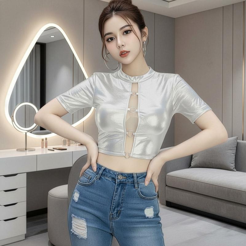  dambody  CR12  Áo Croptop Thun Nhũ Ôm Body Phối lưới - Khoen Tròn 