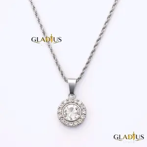 Kalung Titanium Model Tambang Silver Liontin Bulat Permata Tengah Silver Pria Wanita