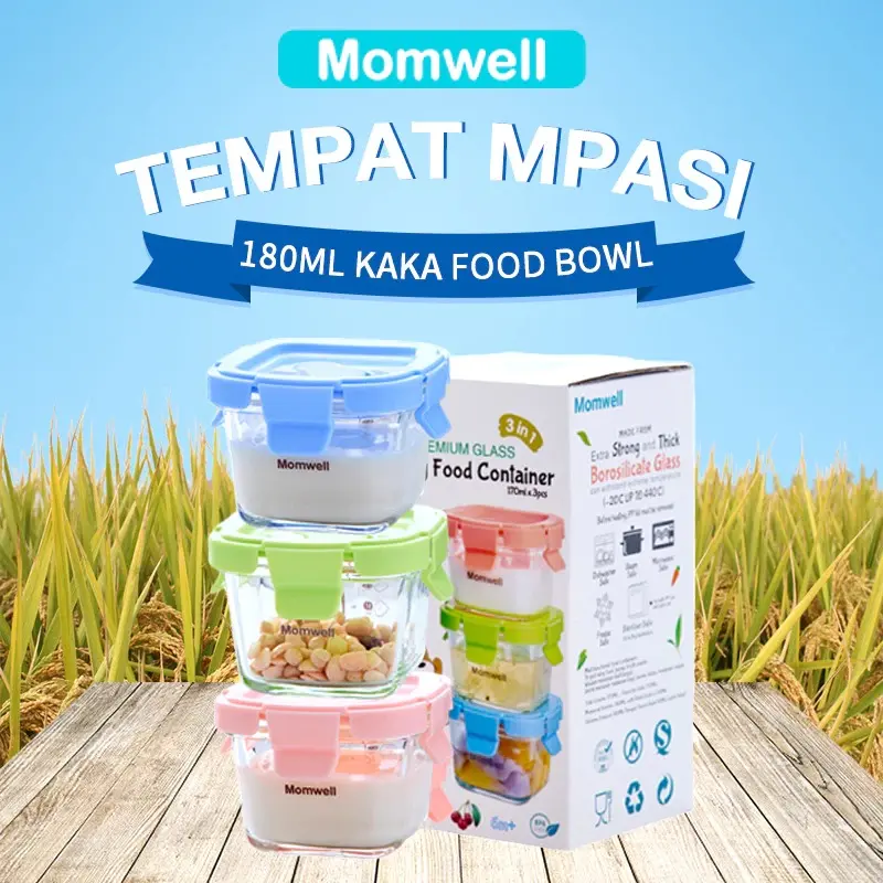 Momwell GFB22/23 Tempat Mpasi Kaca Baby Food Container 170 ML BPA FREE MANGKUK KACA ANTI TUMPAH