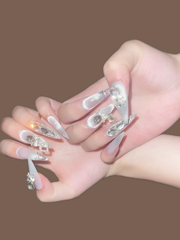  N160 Bộ 10 Chiếc Nailsbox Màu Mắt Mèo Thạch Gạo Phối Màu Nhủ Đính Đá Sang Trọng Lấp Lánh Cho Nữ Women 