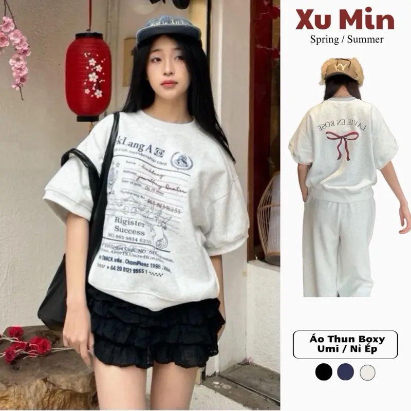 (BST 2026) Áo Thun Dáng Xuông Boxy Trendy Xu Min Min - Chất Nỉ Hai Da/Umi Hàn, Phong Cách Hàn Quốc, In Hình Đa Dạng
