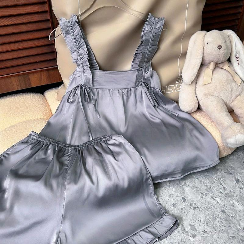 Đồ Bộ Mặc Nhà Nữ Áo Nhún Bèo Quần Đùi Có Túi, Chất Vải Lụa Latin Mịn Mát Kiểu Dáng Dễ Thương Form Dưới 57kg  Women Nữ Nhung Tua Rua