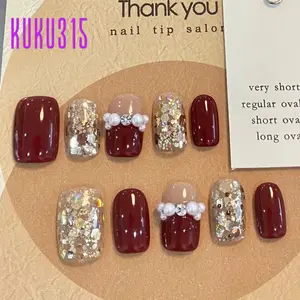 [Nail Art Merah Maron] KUKU315 [24Pcs Full Size] Kuku Palsu Nails Art Dan Lem Kuku Palsu + Bonus Kit Lem Jelly Ultra Tipis & Bernapas - Bisa Dipakai Berulang Kuku Palsu Lepas Pasang
