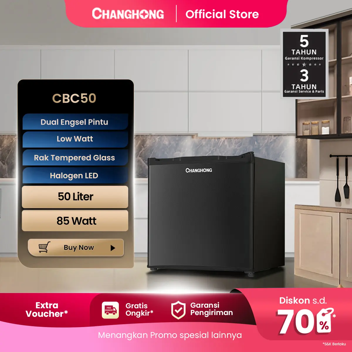 Changhong Kulkas mini anak kos Lemari Es Mini Bar  Refrigerator mini Kapasitas 50 Liter, Pendingin Minuman, Pintu Fleksibel, Hemat Listrik - CBC 50 Black