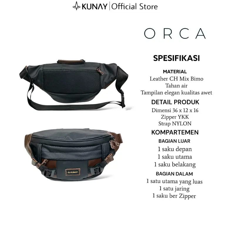 Kunay - ORIGINAL PREMIUM ORCA Waistbag Selempang Pria Waterproof Tas Pinggang Hitam Kombinasi Multifungsi Cowok Kado pasangan Slingbag 5