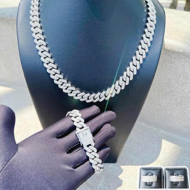   Tặng 2 nhẫn  Combo dây chuyền và vòng tay đính đá cuban bản ver 4 rộng 12mm 