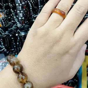 set gelang dan cincin giok wanita warna coklat corak putih