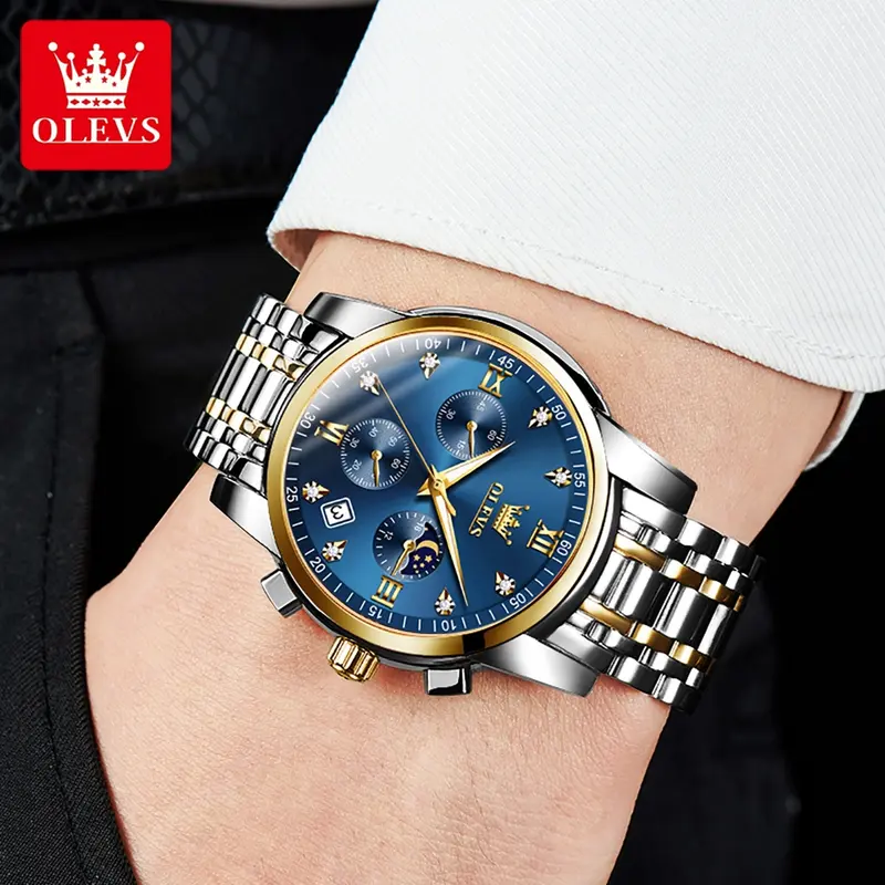 OLEVS men's stainless steel chronograph watch, large face gold silver black tone easy to read analog quartz watch, luxurious waterproof date diamond Roman Arabic numeral dial formal watch 1