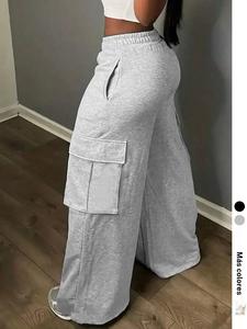 Pantalones deportivos lisos para mujer con bolsillo con solapa, pantalones casuales de pierna ancha para uso diario, pantalones para damas para otoño e invierno, pantalones cargo, pantalones de mujer