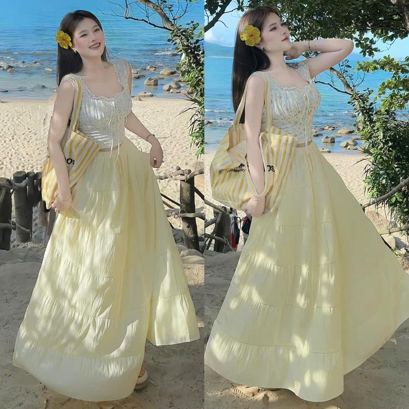 Set váy nữ đũi xốp thiết kế 2 dây cổ yếm [có mút ngực] mix chân váy dáng xòe sang chảnh dành cho các nàng diện di chơi,di tiệc.