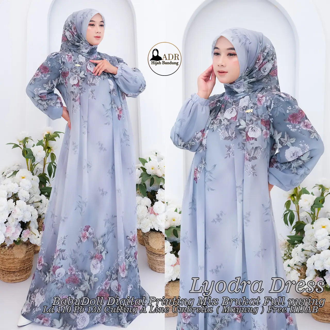 Dress Lyodra Gamis BabyDoll Digital Printing Full Furing dan Wudhu Friendly Free Hijab
