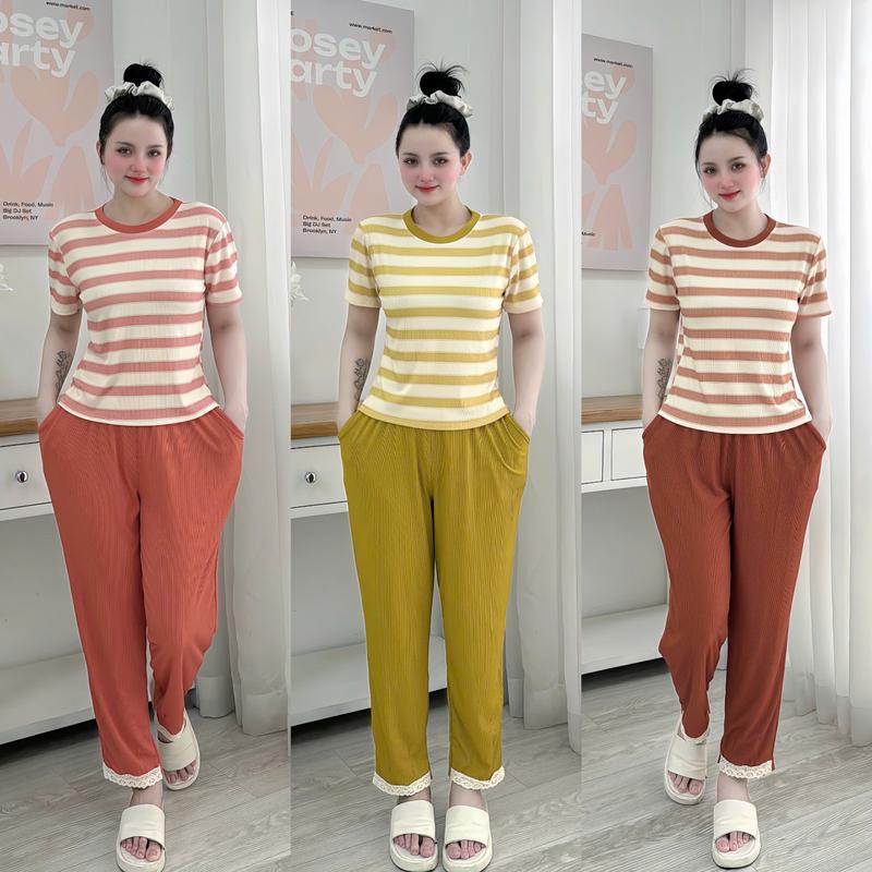 Set đồ bộ baggy quần phối ren áo cổ tròn sọc ngang mặc nhà chất liệu thun gân mềm mịn từ 45-75kg