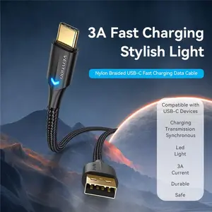 VENTION CTFBH Kabel Data USB 2.0 to Type C Fast Charging 3A with Light LED Nylon Braided Cable 2M 2 Meter Tipe C