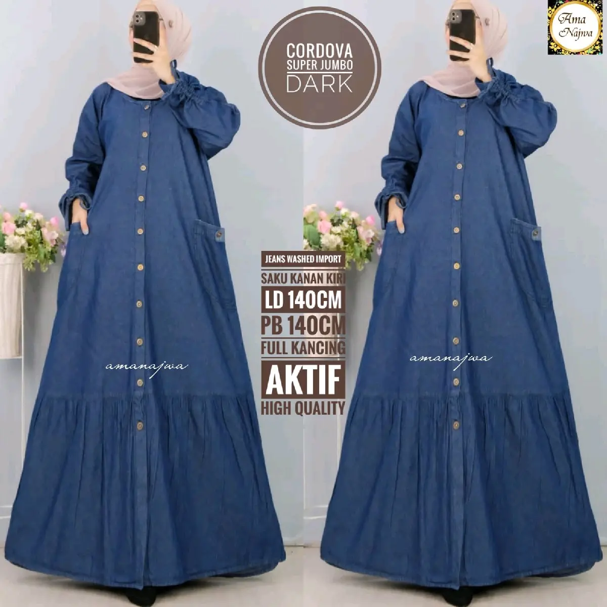 Gamis Jeans Wanita Super Jumbo LD 140 Kancing Aktif Dress Muslim Maxi