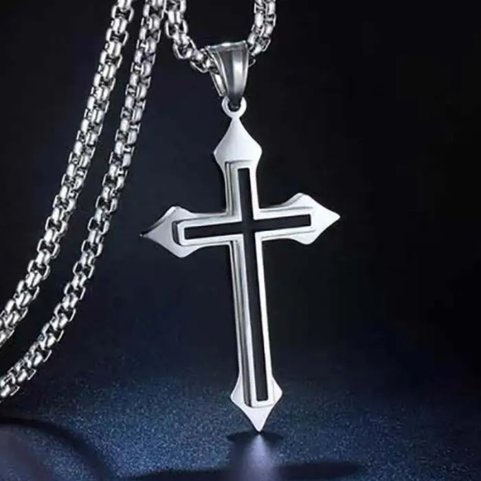Kalung Salib Liontin Crucifix Gaya Punk Untuk Pria Bahan Stainless Steel Necklace Silver