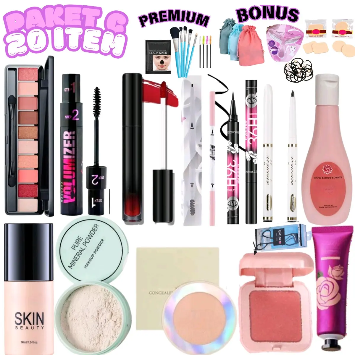 PROMO MAKASSAR MAKEUP 100RB DPT 20 PCS SET MAKEUP MURAH MAKASSAR TAHAN AIR Coklat Eyeliner Eyeshadow Hitam Lipstik  Eyebrow Kosmetik Mascara Waterproof Blush Cushion Wajah Concealer Liquid