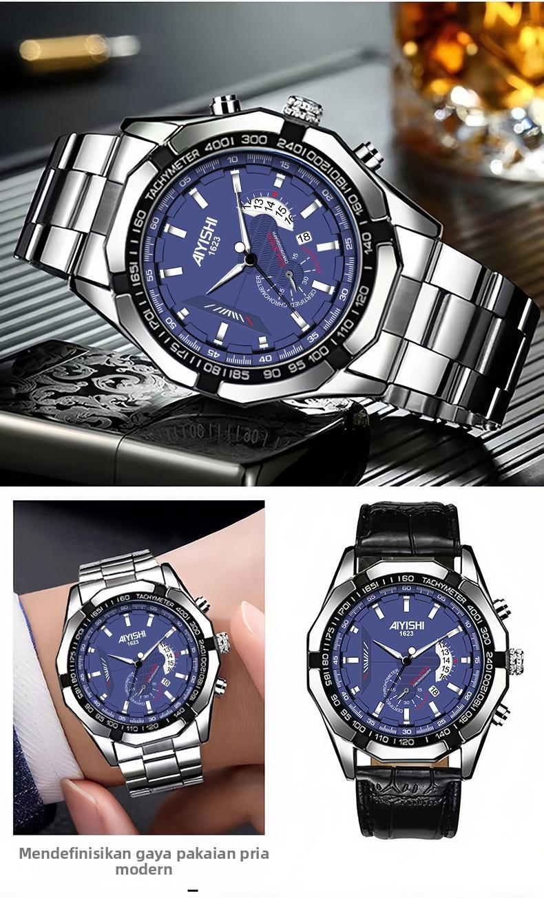 AIYISHI Jam Tangan Pria Mewah & Sporti 1623 Multifungsi Tahan Air 30M Dial Hitam Bodi Stainless Steel Garansi 2 Tahun Kaca Kristal Kuarsa Otomatis