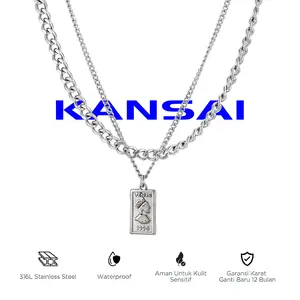 KANSAI-Kalung titanium pria, rantai ganda, vintage, gaya hip-hop, tahan air dan anti-luntur