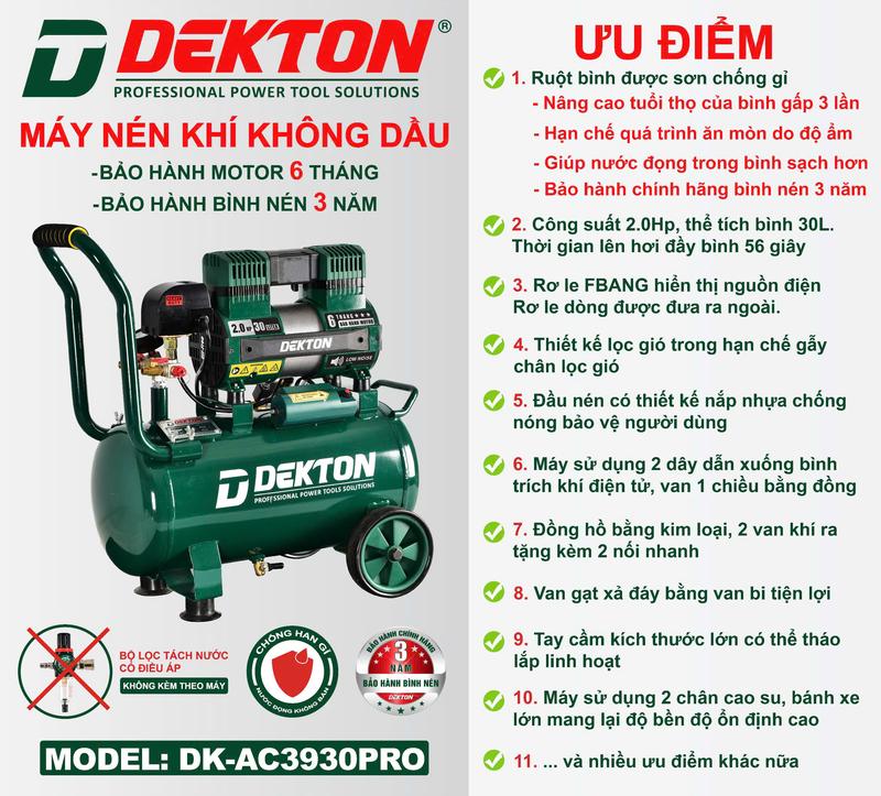 Máy Nén Khí / Không Dầu / DEKTON / AC3930PRO / 2.HP / 30L / 1500W / LÔ MỚI KHÔNG KÈM BỘ LỌC TÁCH NƯỚC