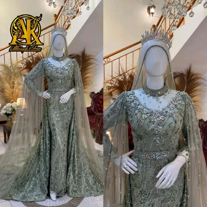 Gaun pengantin slim full payet ekor lepas pasang Mewah wedding Dress Pernikahan 6