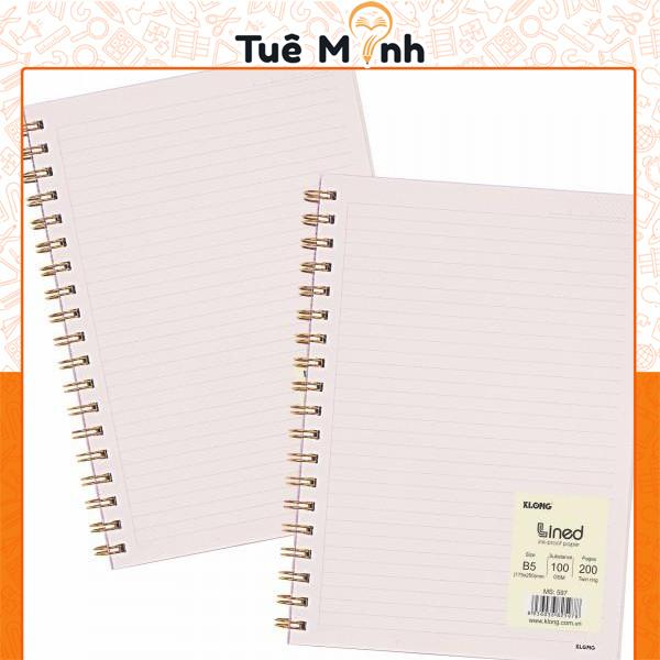  Vở 200 trang giấy B5 kẻ ngang nét đứt 100gsm Klong Ms 597 tập sổ lò xo kép bìa nhựa trong suốt 