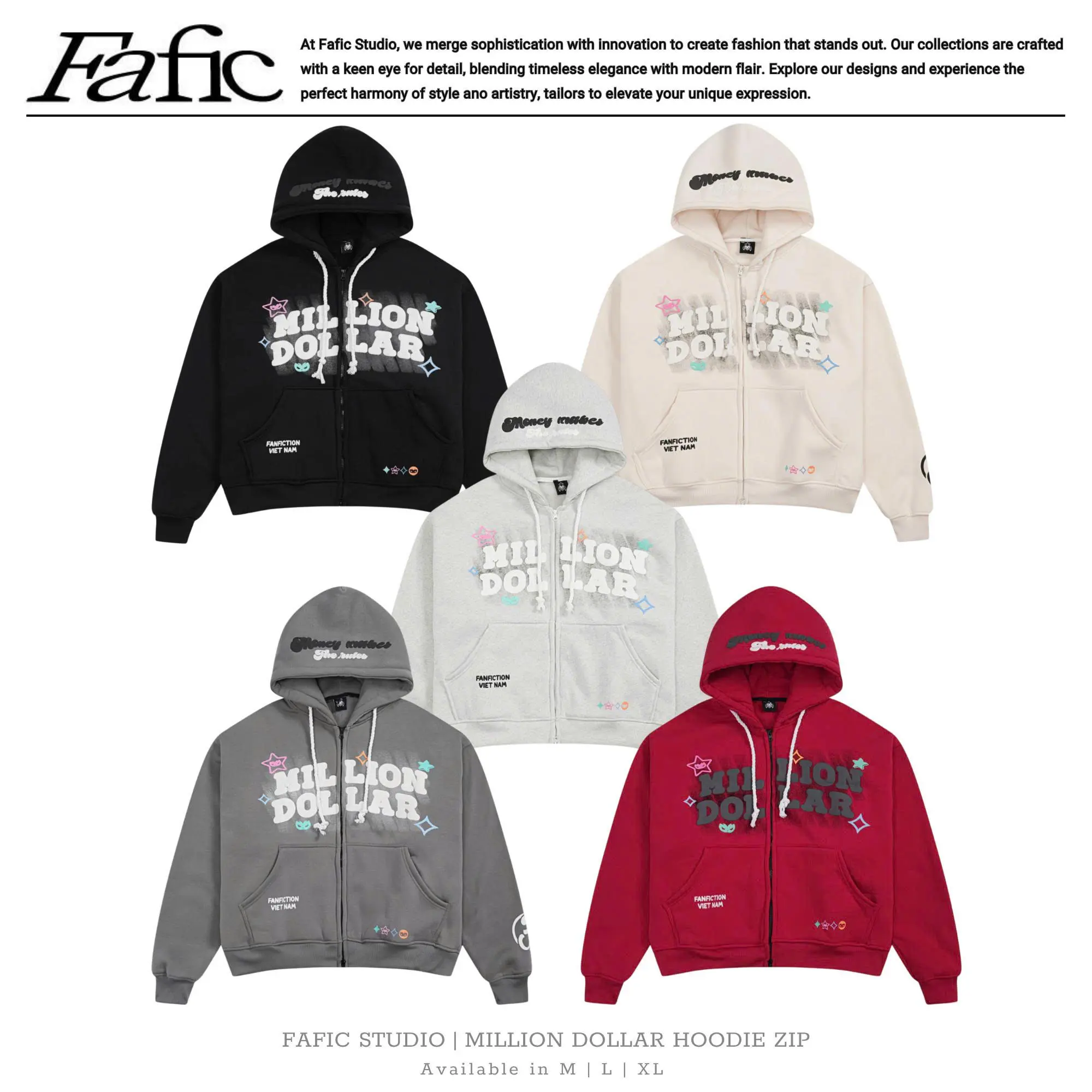 Áo khoác nỉ bông In nỗi Boxy Millon D0llar khoác Jacket FAFIC studio nỉ bông khóa 2 chiều Nam Menswear - Hoodie, Tay Dài