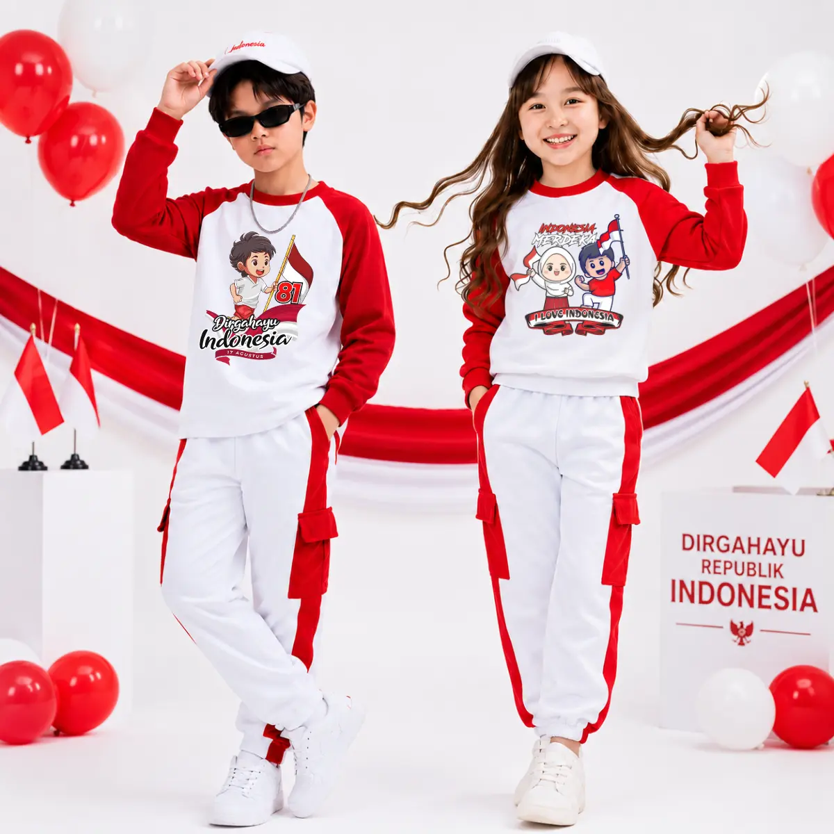 Setelan Anak Cewe Cowo Merah Putih Motif Indonesian Kids Set Baju Kemerdekaan Celana Joger Cargo Agustusan Usia 3-12 Tahun