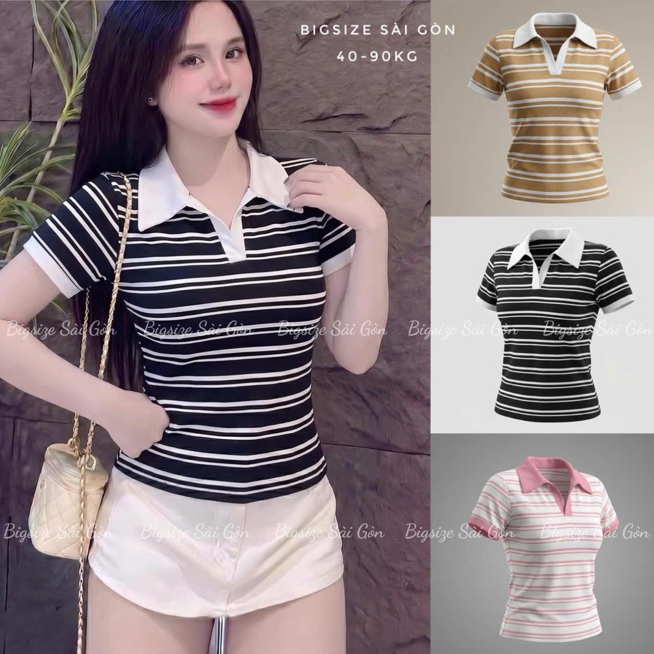 Thời Trang Bigsize Áo Thun Polo Phối Cổ Trắng Cao Cấp Thanh Lịch Vải Borit Sọc Bigsize Từ 45 - 90Kg Dễ Thương Top Nữ Women - B.1801