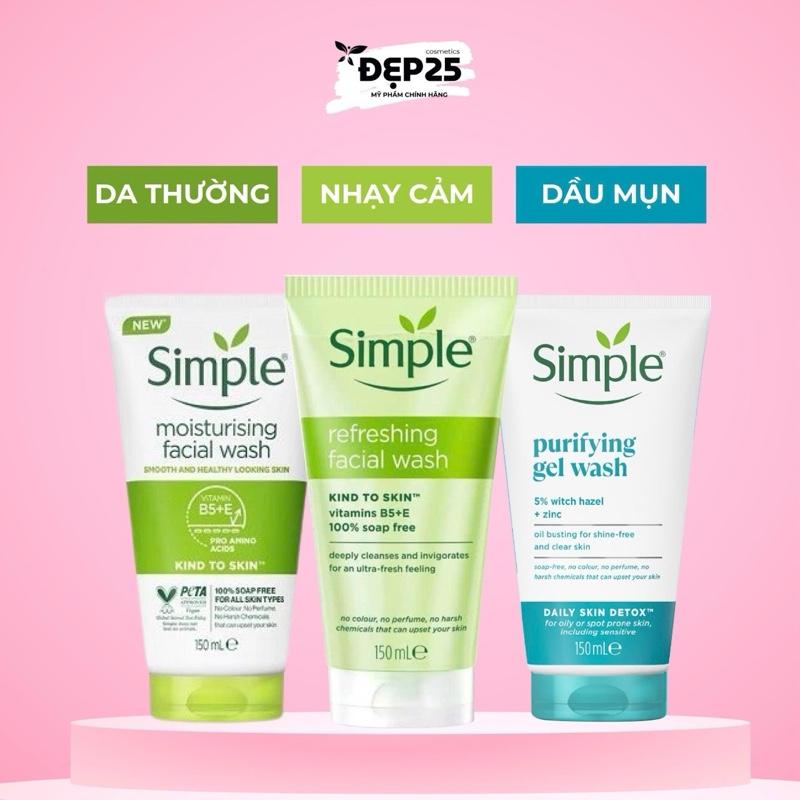 Simple - Bộ Sữa Rửa Mặt Simple Dành Cho Da Khô, Dầu Mụn, Nhạy Cảm Combo Sữa 150ml Làm Dịu Giữ Ẩm Phục Hồi Tái Tạo Da Kháng Khuẩn