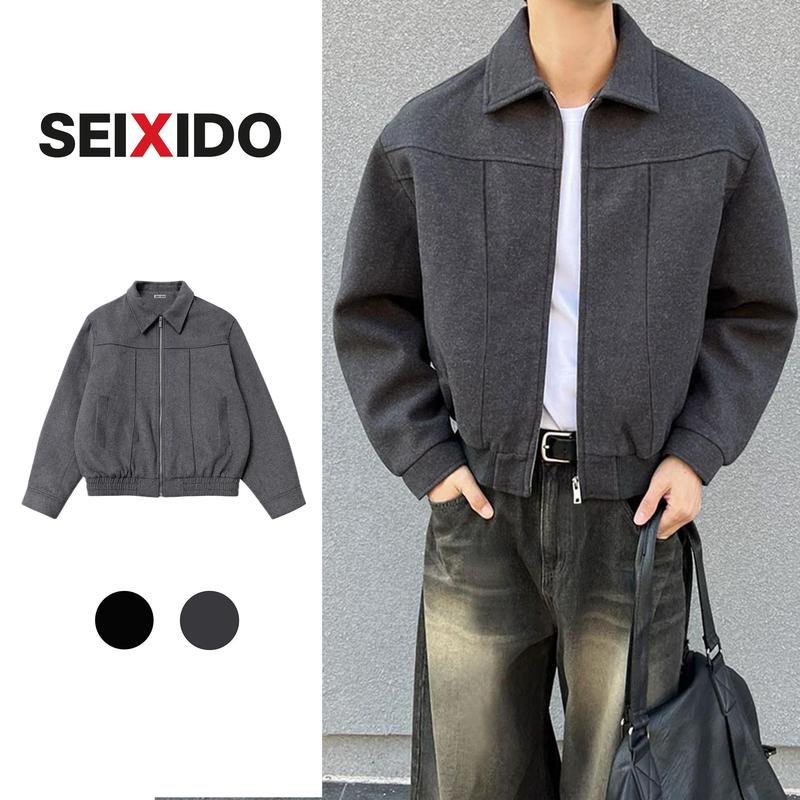 Áo khoác dạ ép croptop SEIXIDO áo dạ boxy cổ bẻ khóa kim loại basic tôn dáng N028