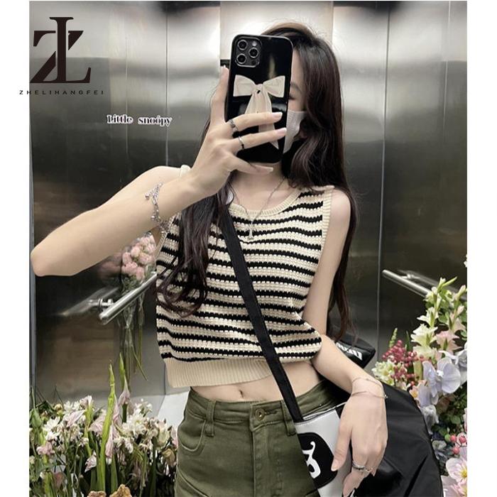 Áo Dệt Kim Hai Dây Dáng Rộng Họa Tiết Kẻ Sọc Thời Trang Cho Nữ