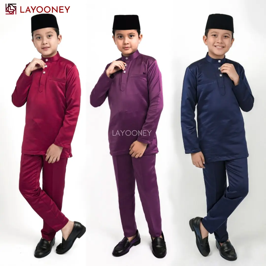 Layooney Baju Melayu Anak Laki Laki Teluk Belanga Cekak Musang Setelan Pakaian Muslim Koko Cowok Adat Malaysia Bahan Satin Velvet Premium