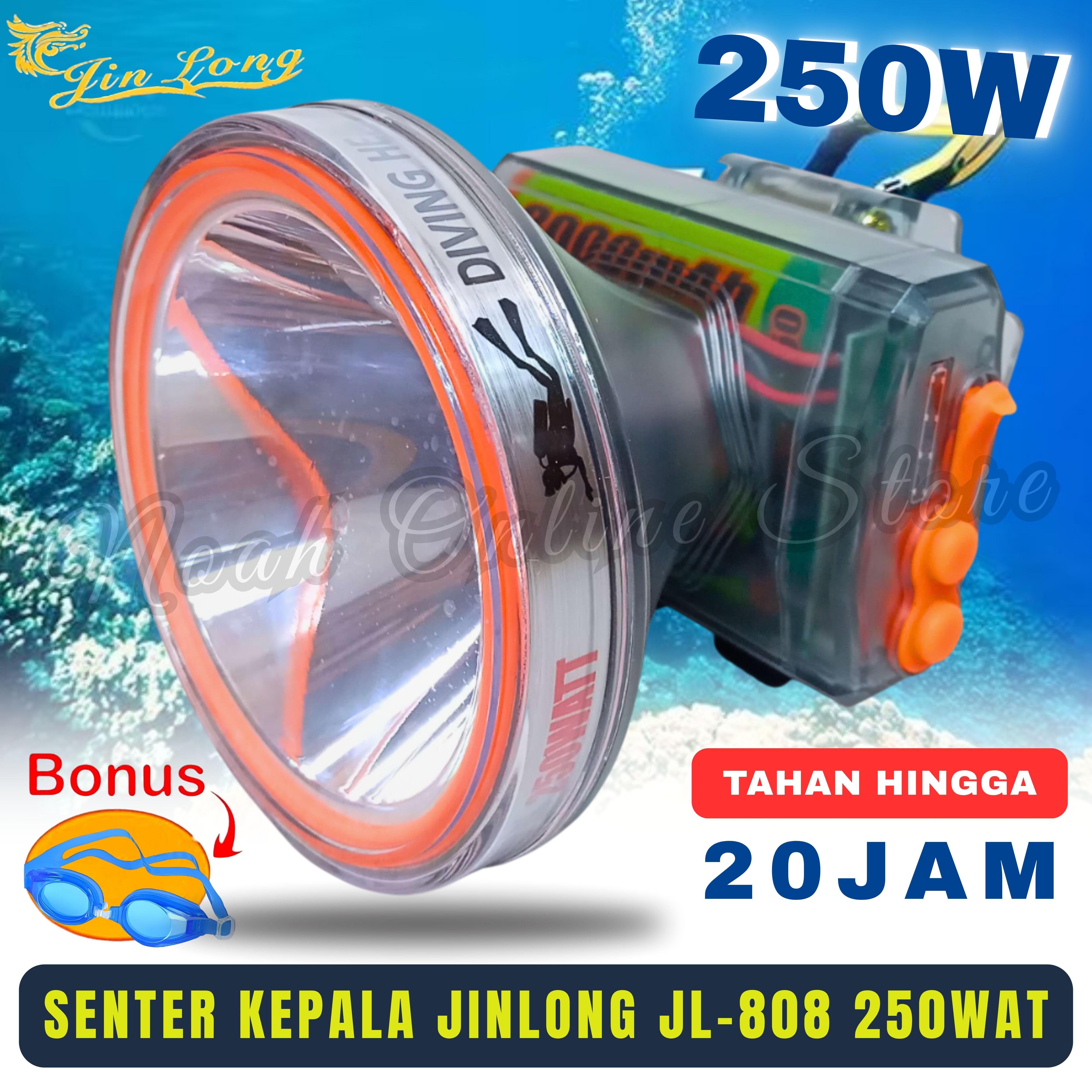 Jinlong Senter Kepala Selam 300 Watt JL-909 & Diving 250 Watt Super Terang Baterai 15000mAh Tahan 20 Jam 3 Mode Cahaya Bonus Kacamata Renang