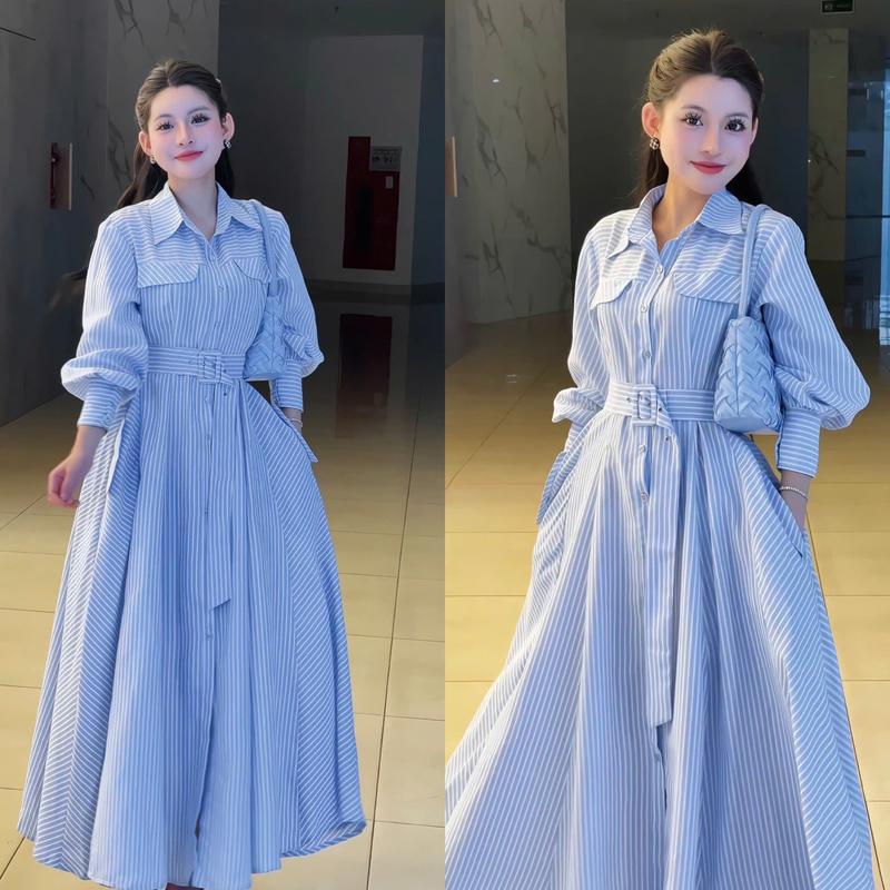   HÀNG CÓ SẴN  G53 Váy kẻ liền dáng xoè kèm đai - Váy nữ xinh nhẹ nhàng 