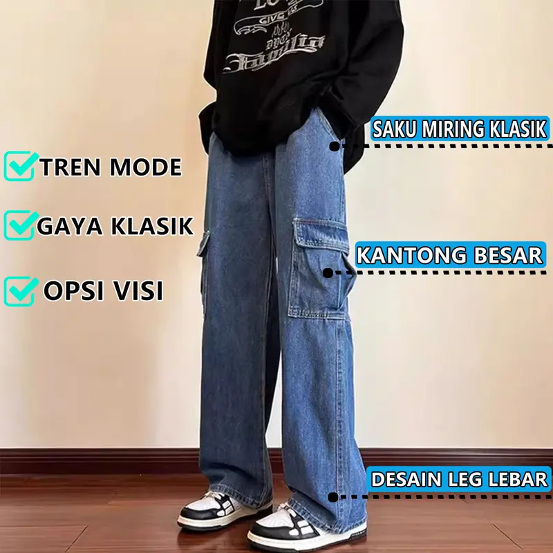 celana jeans cowok street wear outfit baggy pants celana panjang pria dewasa denim berdiri celana cargo pria panjang Celana Panjang Unisex 1