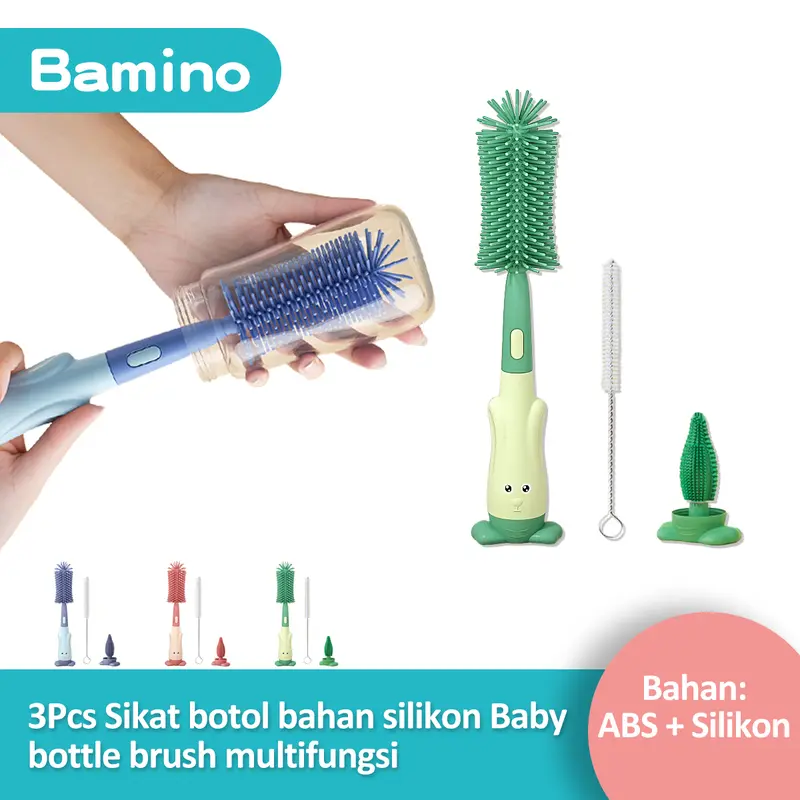 BAMBINO Sikat Botol 3 in 1 Silicone Bayi Silikon BPA Free Dapat Berputar 360 Biru Bottle Merah Pembersih Pembersih 0
