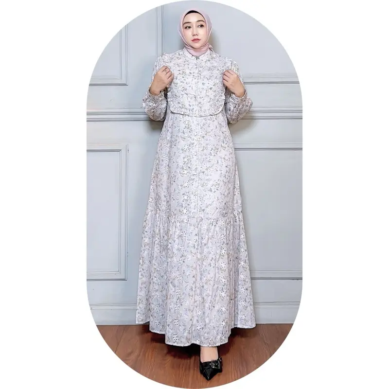 MOZHA SHAFURA. Cloth- ALIKHA DRESS Bahan Katun Bordir Kerancang Gamis Motif Wanita Panjang Berpuring Nyaman Halus Lembut Kancing Busui dan wudhu friendly Casual Mewah Formal Simple Elegant Muslim Kombinasi Kerah Variasi Kotak 5