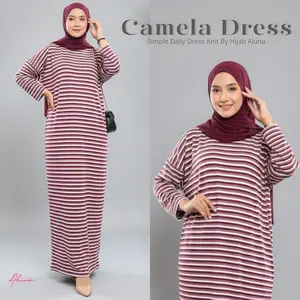 Cameela Dalily Dress | Gamis Knit Salur Basic Simple Daily Wear for Women By Hijab Aluna Wanita Muslim Garis Panjang
